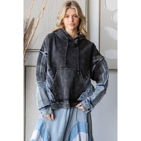 Oli & Washed Mixed Denim Hooded Pullover Top NEW Size Small - Picture 3 of 9